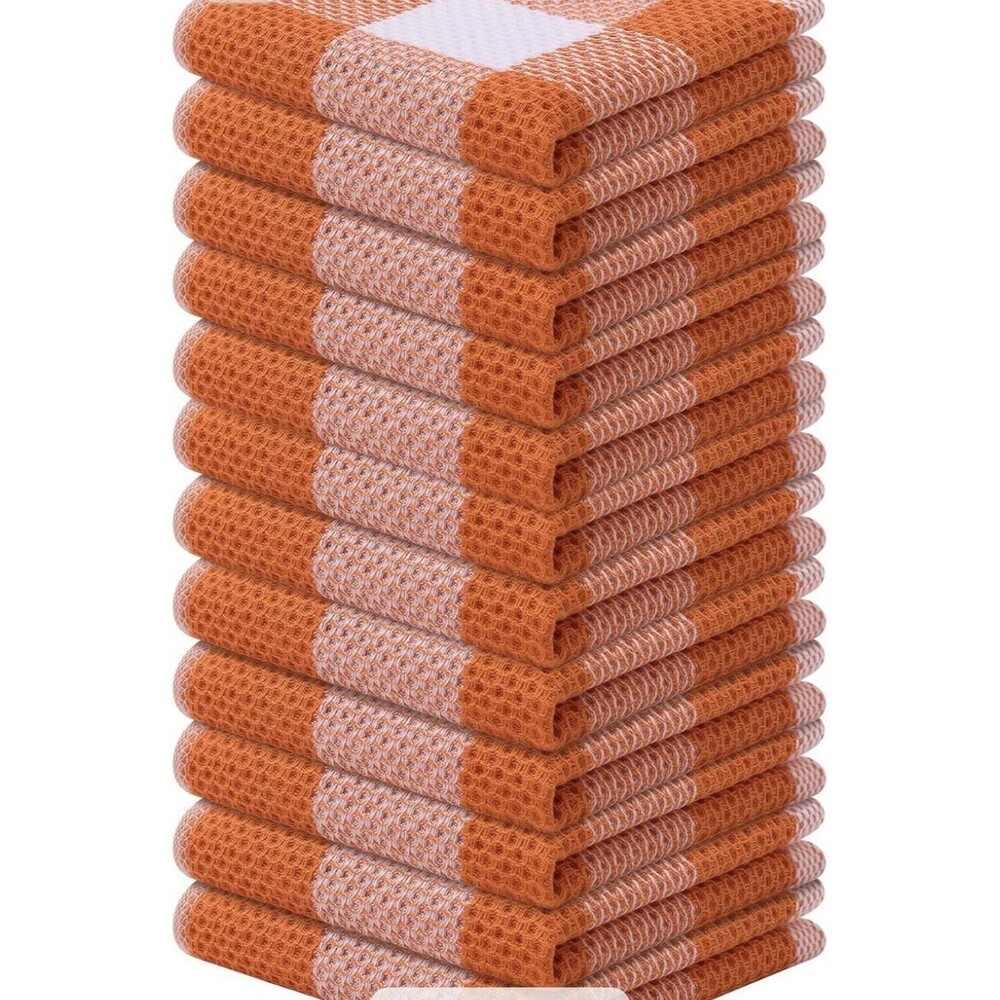 12-Pack 100% Cotton Waffle Weave Plaid Dish Cloths 12”x12” Orange & White NEW